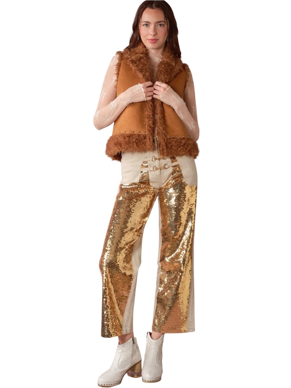 NEW blue b Washed Sand Tan Gold Sequin Horsebit Straight Leg Stretch Denim Jeans